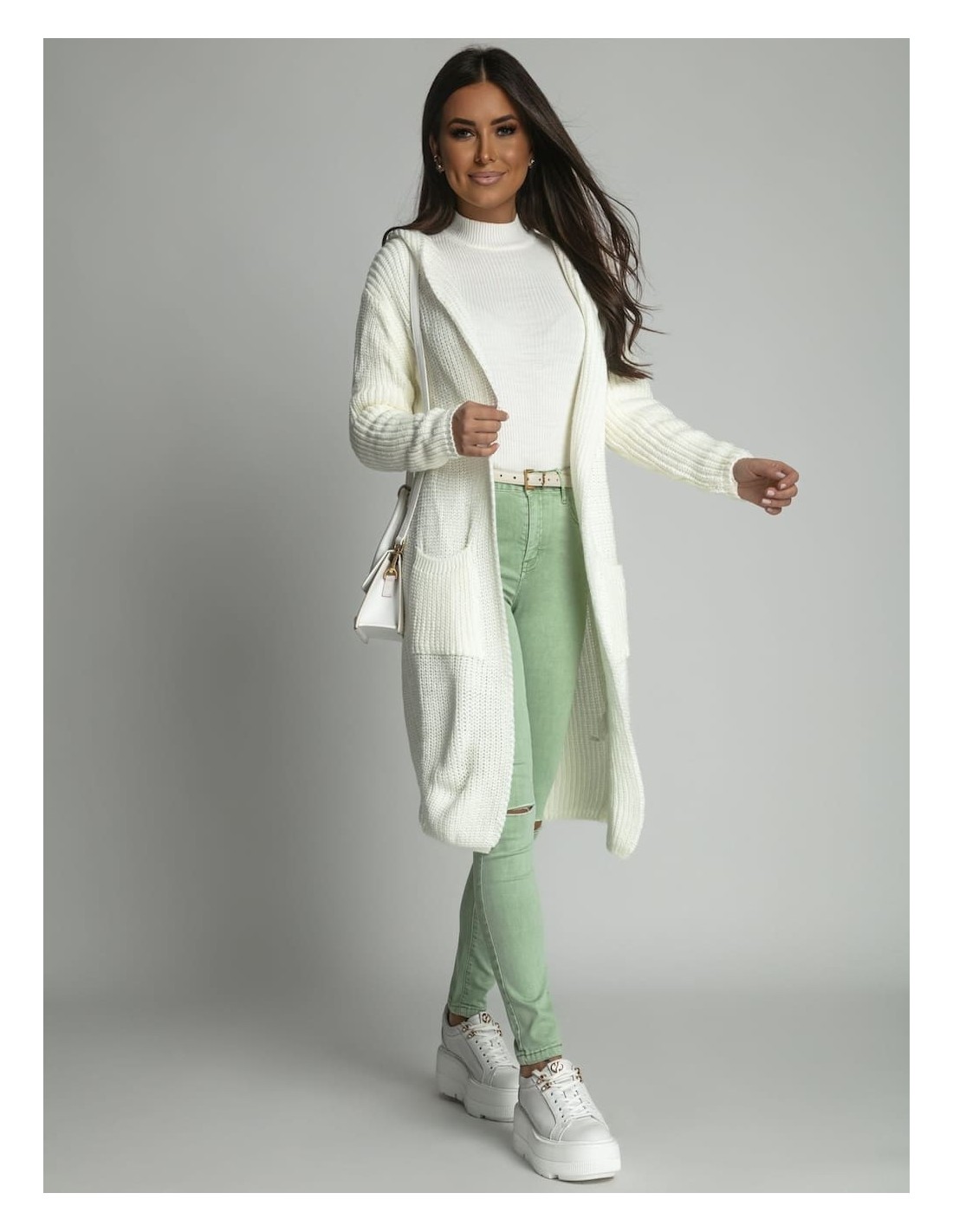 Warm cardigan with a hood, cream 3218020 - Online store - Boutique